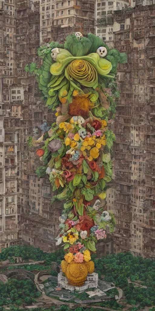 Image similar to colossal grotesque flower in the middle of abandoned early soviet constructivist cityscape, Stalinist architecture, ultradetailed by Hayao Miyazaki and Josan Gonzalez and Makoto Shinkai and Giuseppe Arcimboldo and Wes Anderson