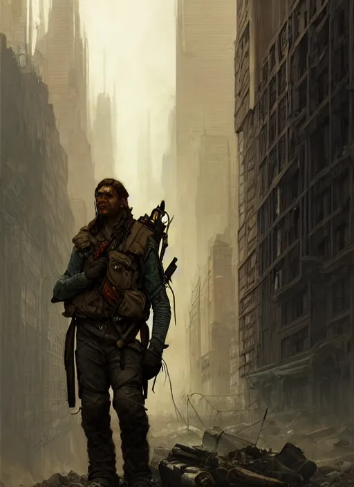 Image similar to a survivalist man, in postapocalypse city, diffuse lighting, fantasy, intricate, elegant, highly detailed, lifelike, photorealistic, digital painting, artstation, illustration, concept art, smooth, sharp focus, art by john collier and albert aublet and krenz cushart and alphonse mucha