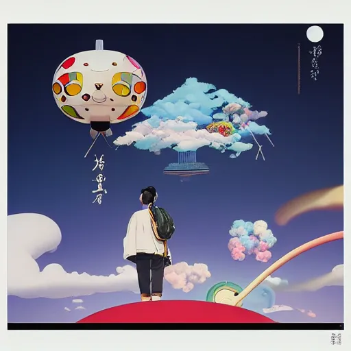 Image similar to a man walking on clouds away from the camera above kyoto by takashi murakami, beeple and james jean, aya takano color style, 4 k, super detailed, modern, 4 k, symmetrical