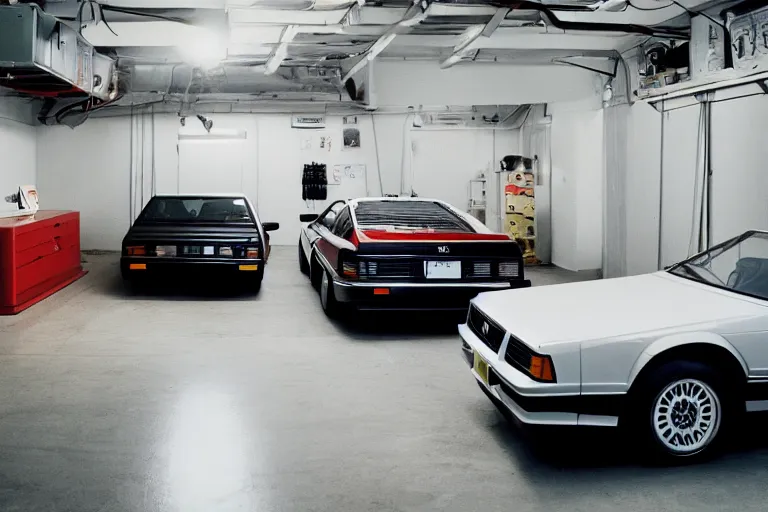 Image similar to a single 1988 Audi Quattro, BMW M1 Lincoln Continental, inside of a Tokyo garage, volumetric lighting, f8 aperture, cinematic Eastman 5384 film