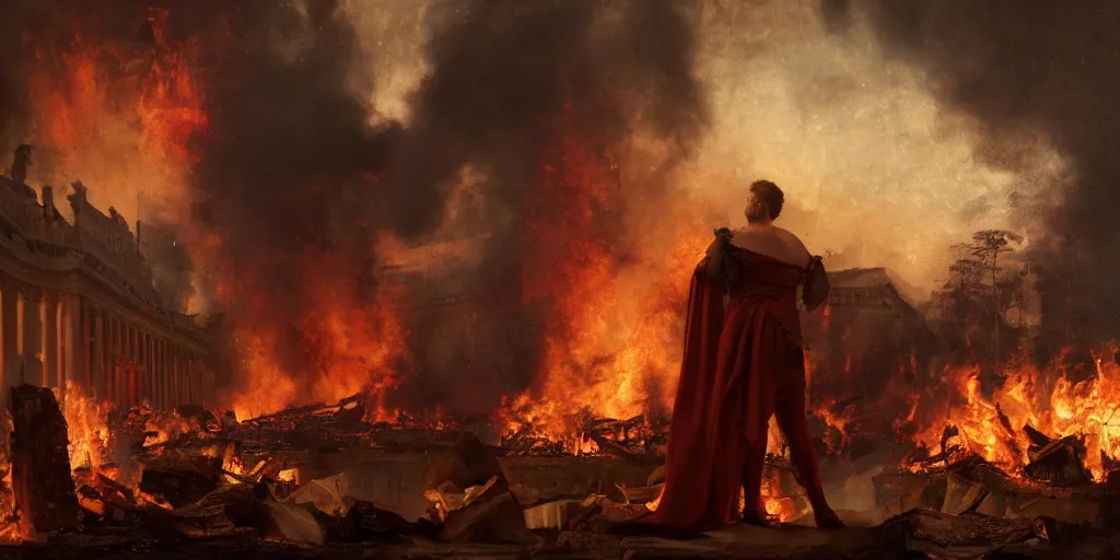 Image similar to Painting of Emperor Nero watching the great fire of rome, abstract, realism, 8k, detailed, terror, octane render, 3d render, complex emotion, glow, realistic people