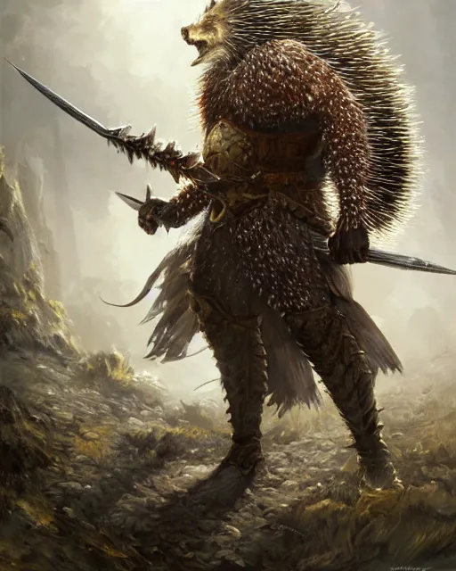 Prompt: Porcupine warrior in armor, portrait, woodlands, magic the gathering artwork, D&D, fantasy, cinematic lighting, centered, symmetrical, highly detailed, digital painting, artstation, concept art, smooth, sharp focus, illustration, volumetric lighting, epic Composition, 8k, art by Akihiko Yoshida and Greg Rutkowski and Craig Mullins, oil painting, cgsociety