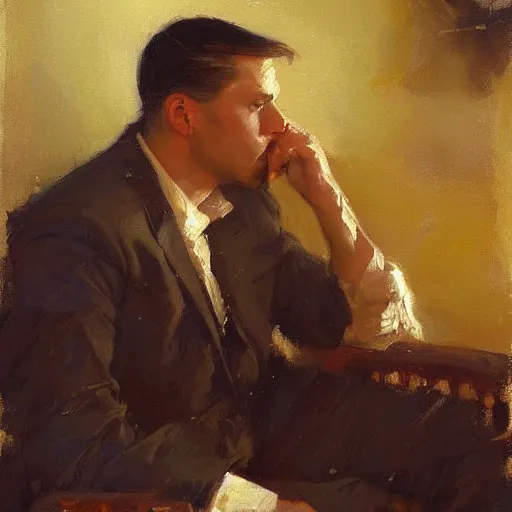 Image similar to a man with a slicked back haircut, painting by Gaston Bussiere, Craig Mullins