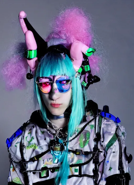 Prompt: pastel cute cybergoth military fashion, decora royal jester bladee