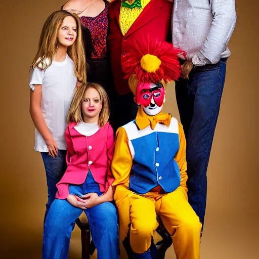 Prompt: a photograph of a family of clowns, studio quality, studio lighting