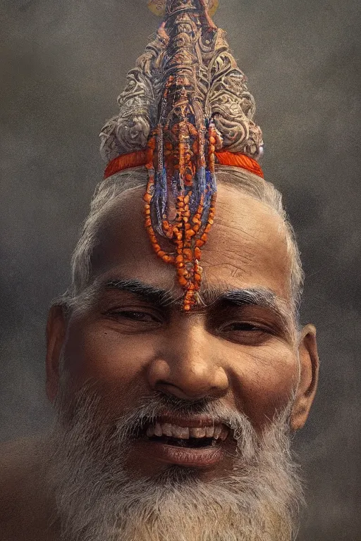 Image similar to hindu priest, close - up portrait, devoted, intricate, elegant, volumetric lighting, scenery, digital painting, highly detailed, artstation, sharp focus, illustration, concept art, ruan jia, steve mccurry