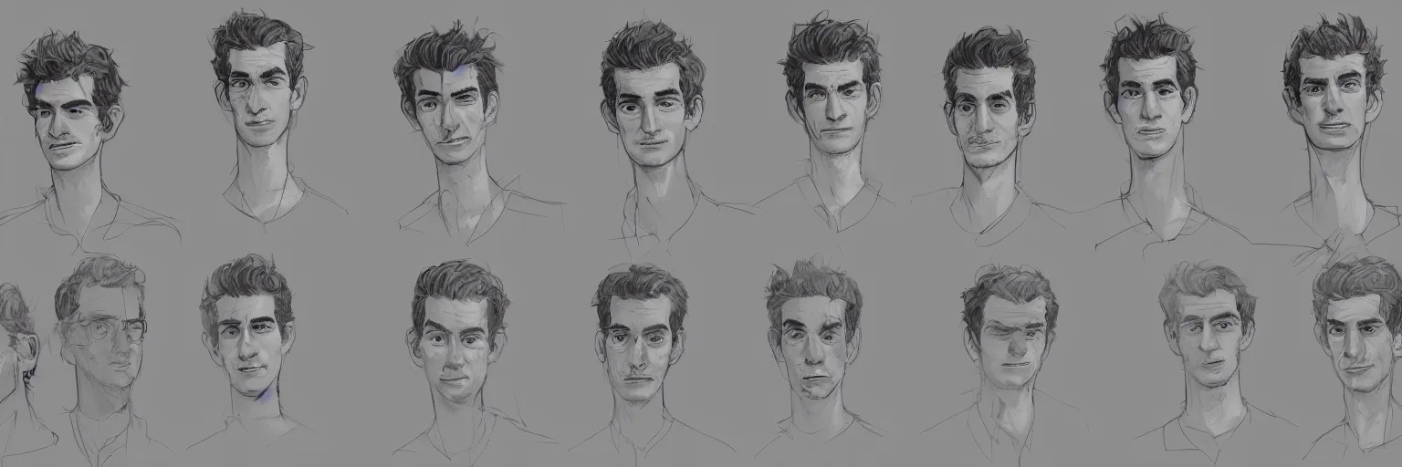 Image similar to character study of julian lage and andrew garfield, clear faces, innocent, naive, character sheet, fine details, concept design, contrast, kim jung gi, pixar and da vinci, trending on artstation, 8 k, full body and head, turnaround, front view, back view, ultra wide angle