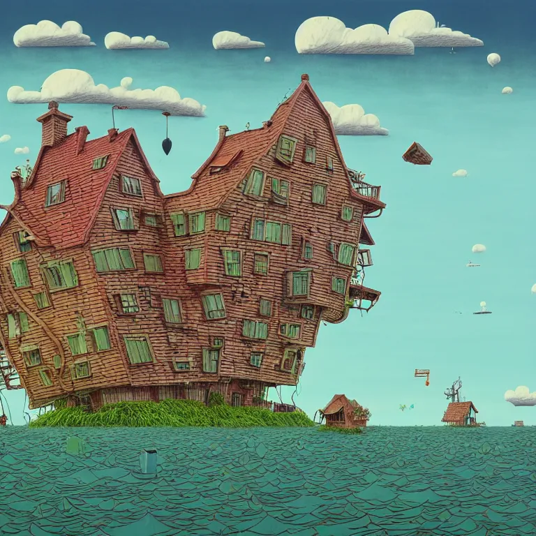 Prompt: house on island, sea cloud, surreal art by gediminas pranckevicius, geof darrow, keith harring, dark shadows, hard lighting, floralpunk, inking, etching, screen print, masterpiece, trending on artstation, sharp, colorful high contrast hd, 8 k hyper detailed