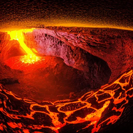 Image similar to head of necoark emerges from a lava lake, cave background, high detail, lava reflections, cave reflecting in the lava lake, dramatic shot