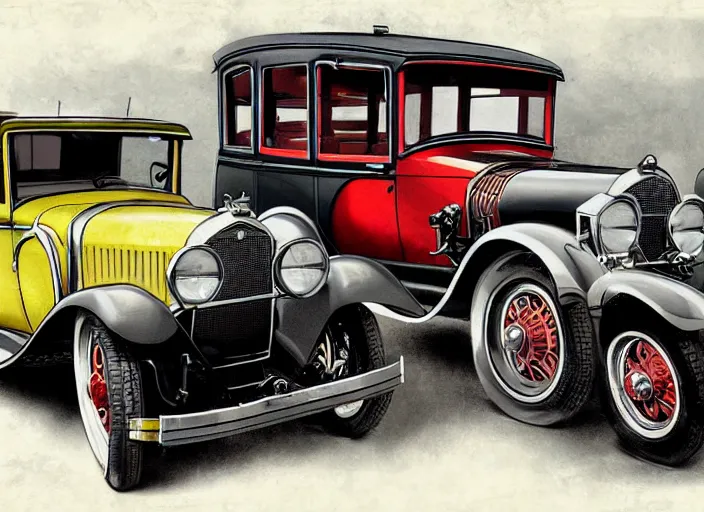 Prompt: 1 9 2 9 cars, lowbrow, matte painting, 3 - d highly detailed, in the style of michael irvine,