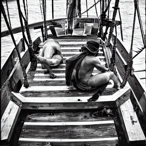 Prompt: the view from the deck of a pirate ship, men scrubbing, beautiful, hyper detailed, award winning photo