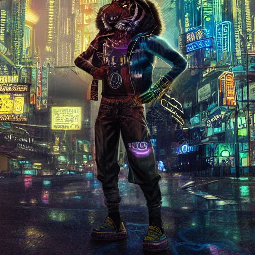 Image similar to a beautfiul award winning commission portrait of an anthro tiger in the neon cyberpunk city at night,wearing a leather jacket,glow effect,detailed face,photorealistic,character design by charles bowater,ross tran,deviantart,artstation,digital art,hyperdetailed,realistoc,western comic style,vfx,dramatic