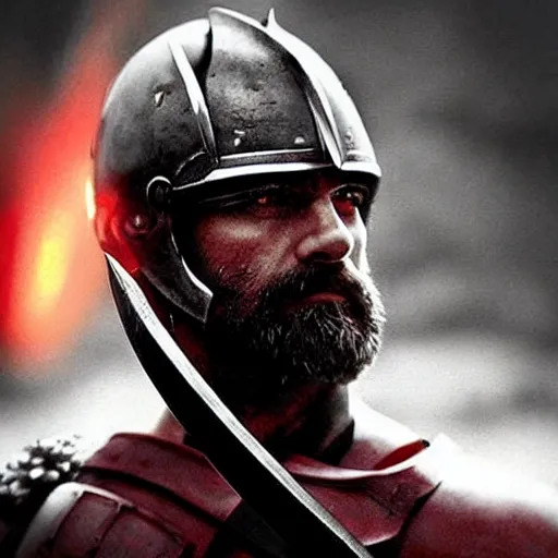 Image similar to “Leónidas king wearing helmet Roman type red crest from 300 Spartans zack Snyder battle with sword epic dark background artwork sharp intricate”