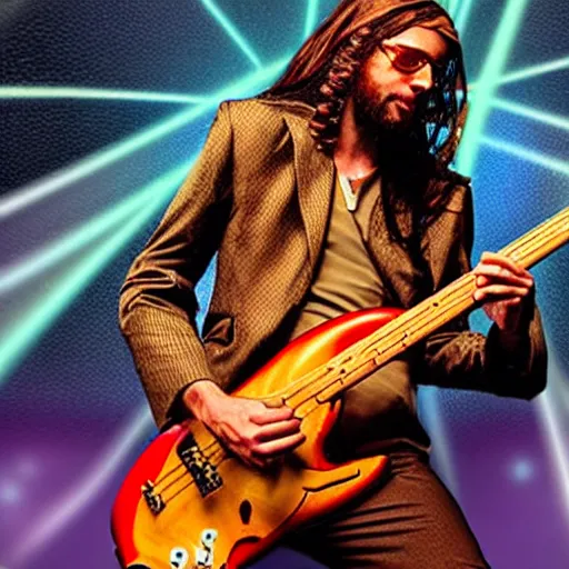 Prompt: funky jesus on bass guitar in nightclub