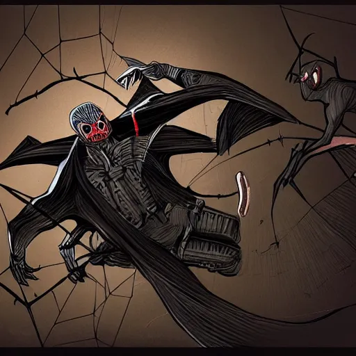 Prompt: a man who is a bat fighting a man who is a spider, detailed illustration, concept art