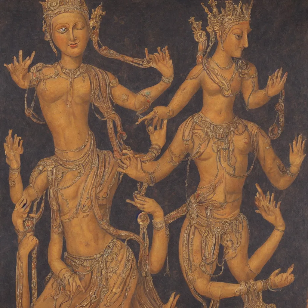 Image similar to young woman deity with multiple arms, highly detailed, oil painting