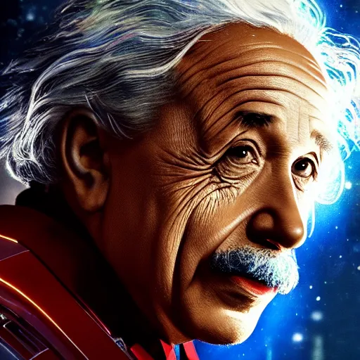 Image similar to albert einstein as tony stark in ironman, cinematic lighting, dramatic, octane render, long lens, shallow depth of field, bokeh, anamorphic lens flare, 8 k, hyper detailed, 3 5 mm film grain