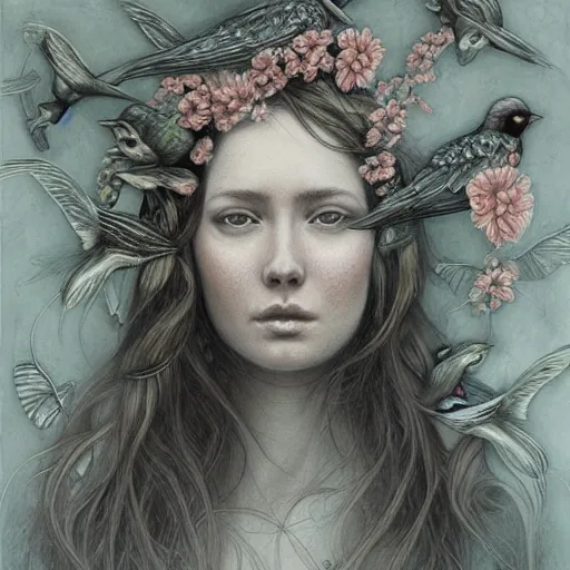 Image similar to an intricate detailed women portrait with birds by marco mazzoni