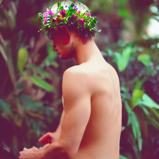 Image similar to close up kodak portra 4 0 0 photograph of a skinny guy with short blonde hair standing in a dark exotic jungle, back view, flower crown, moody lighting, telephoto, 9 0 s vibe, blurry background, vaporwave colors, faded!,