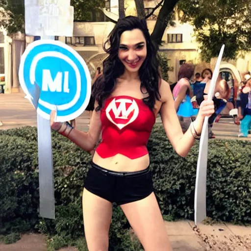 Image similar to Gal Gadot holding a sign that says M!I! T! C! H! I! E! P! O! O! !!!! as painted by Ralph Horsley