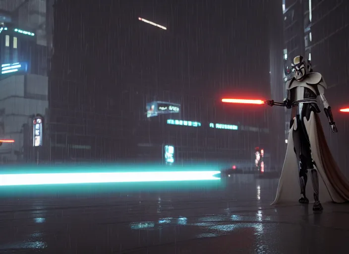 Image similar to 3 5 mm portrait photo of general grievous fighting obi wan kenobi in the city in the rain. cyberpunk horror in the style of george lucas. unreal engine render with nanite and path tracing.