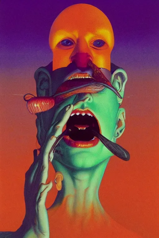 Prompt: a colorful vibrant closeup portrait of a vampire licking a tab of lsd acid on his tongue and dreaming psychedelic hallucinations, by kawase hasui, moebius, edward hopper and james gilleard, zdzislaw beksinski, steven outram colorful flat surreal design, hd, 8 k, artstation