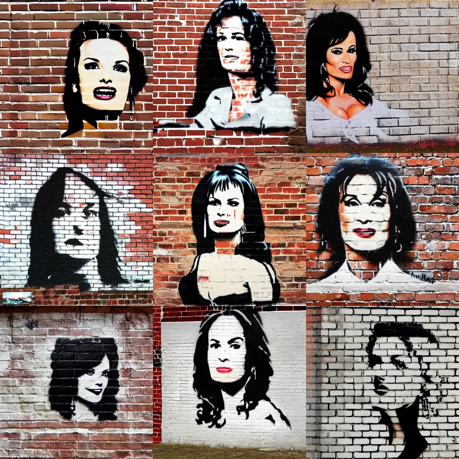 Prompt: portrait of lisa ann on brick wall, by banksy