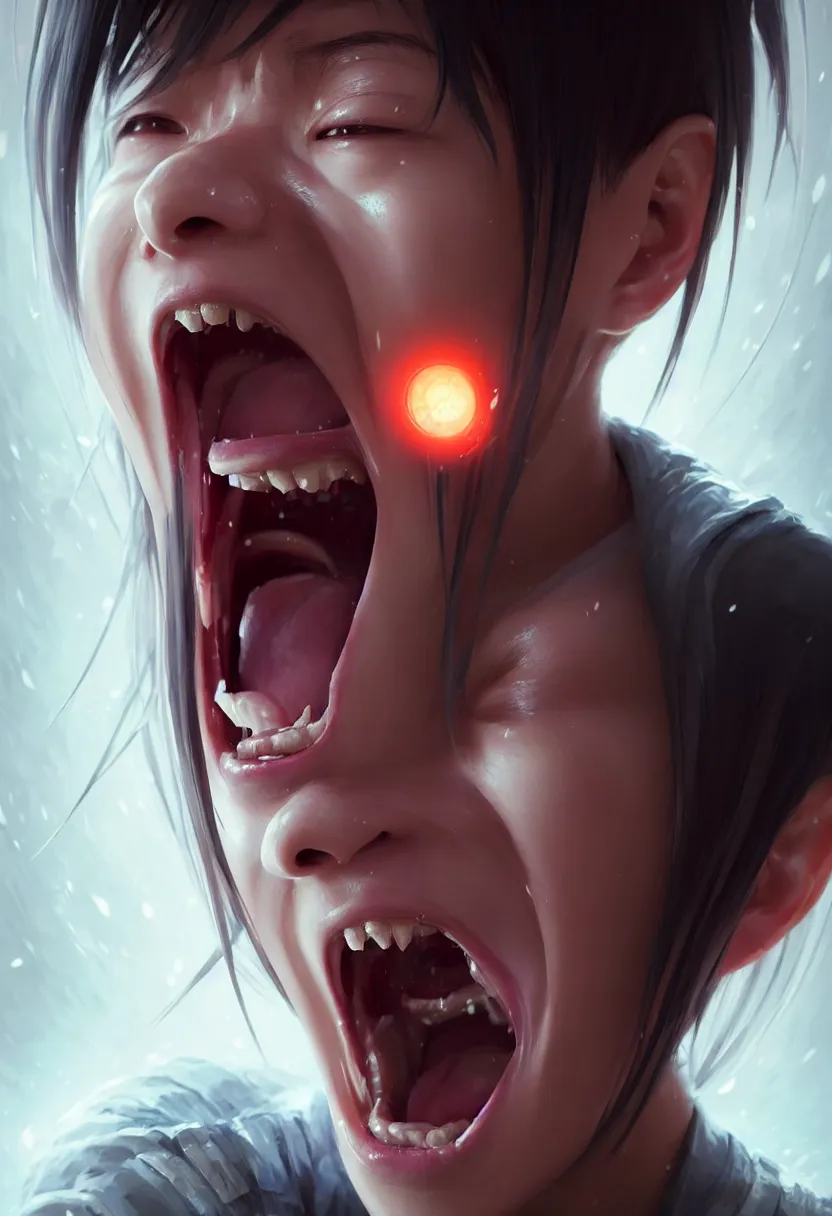 Image similar to beautiful render, waist up portrait of a futuristic cute japanese teenager screaming in anger and frustration, intricate, elegant, highly detailed, digital painting, artstation, concept art, smooth, sharp focus, octane render, dramatic lighting, symmetry, symmetrical face, ONE FACE, headshot, art by greg rutkowski and wlop