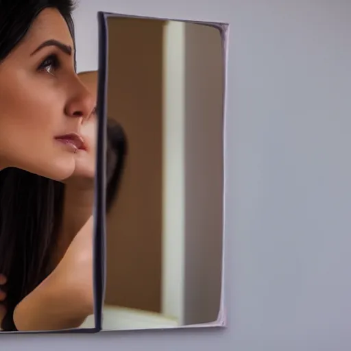 Prompt: a beautiful woman looking at her reflection in the mirror