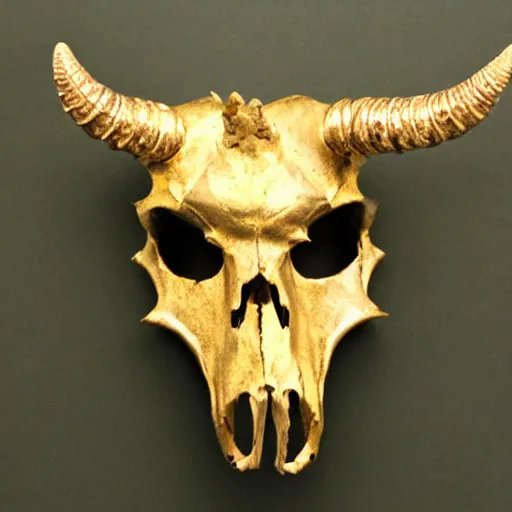 Prompt: horned bull skull : : artifact, made of gold and jewels : :