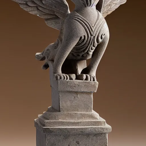 Image similar to a stone sculpture of a winged panther sitting on a pedestal with intricate carvings and fine detail