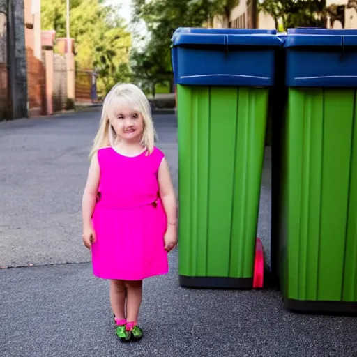 Image similar to a small blonde girl in front of some wheelie bins wearing a pink dress