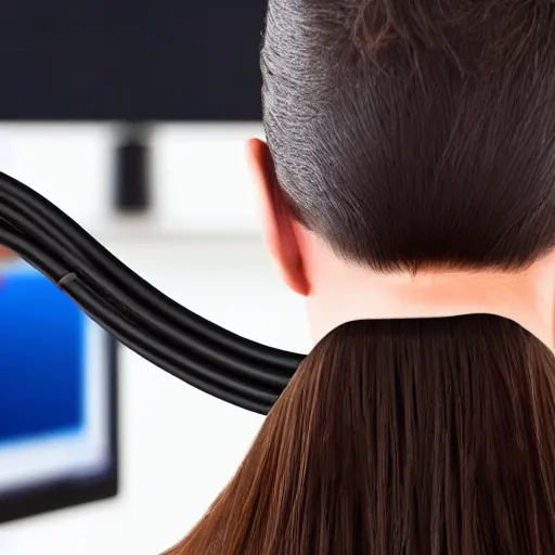 Image similar to hdmi cable plugged in, back of head, woman, computer