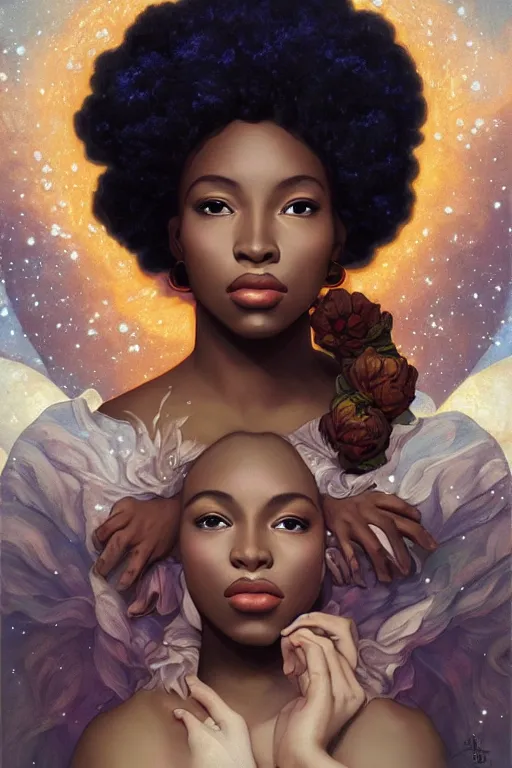 Image similar to beautiful black girl magic, nature goddess in front of nebulae bursting halos, crisp digital painting by artgerm by mucha by caravaggio and face by wlop