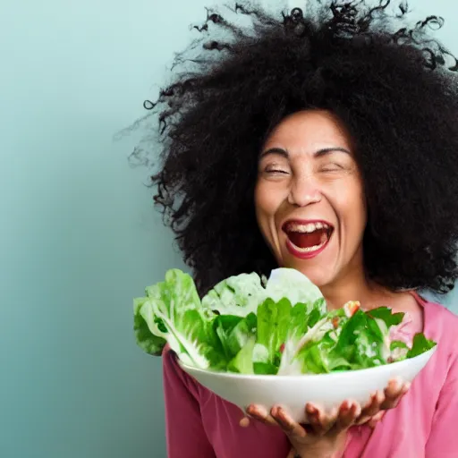 Prompt: laughing woman holding a bowl of salad