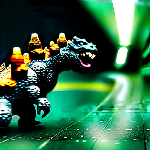 Image similar to a small godzilla running in a subway, photorealistic, macro lens, close-up