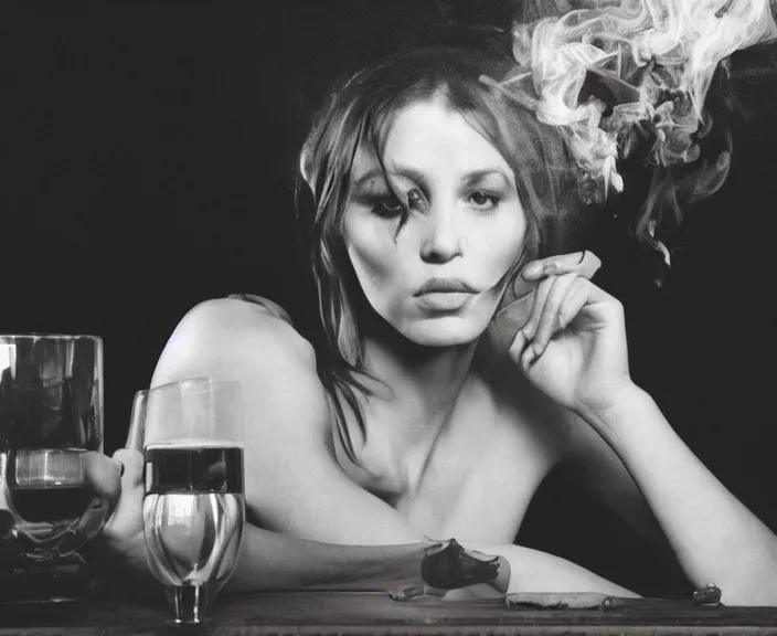 Prompt: the smoking woman on the bar table with wisky glass, 35mm double-exposure photo, dramatic soft light, deep shadows and colors, photorealistic, detailed smoke and dust, natural textures, sensual, calming, depth of field, ambient occlusion, motion blur, HD, masterpiece, volumetric, chromatic aberration by Richard Avedon, style of Ade Santora, perfect composition, masterpiece, intricate detailed