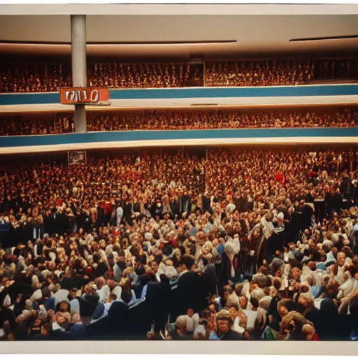 Prompt: Visitors inside the Palast der Republik, German Democratic Republik 1987, color photography, Sigma 85 mm