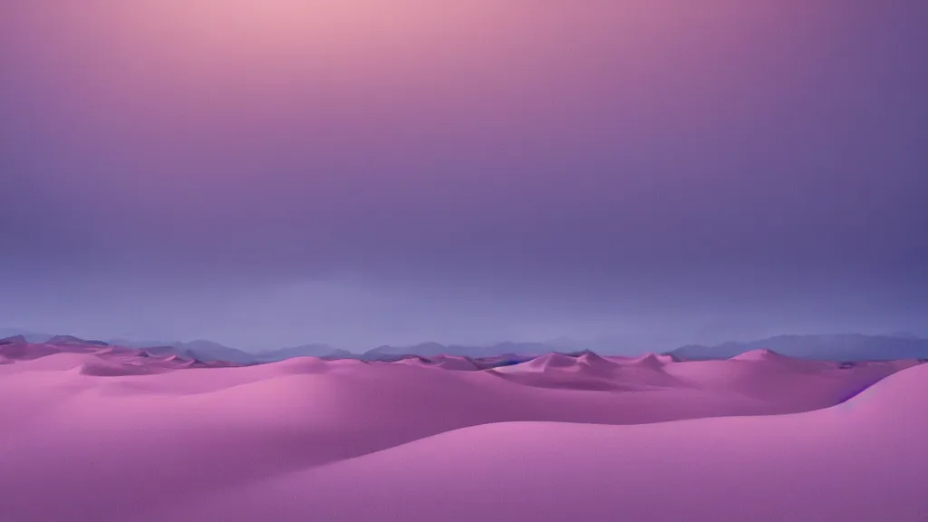 Prompt: soft glow pink desert with snow mountains and cloudy skies, purple fog, long exposure, detailed, hyper realistic, photorealism, landscape, ultra wide angle view, peaceful, cinematic, volumetric lighting, god ray through clouds