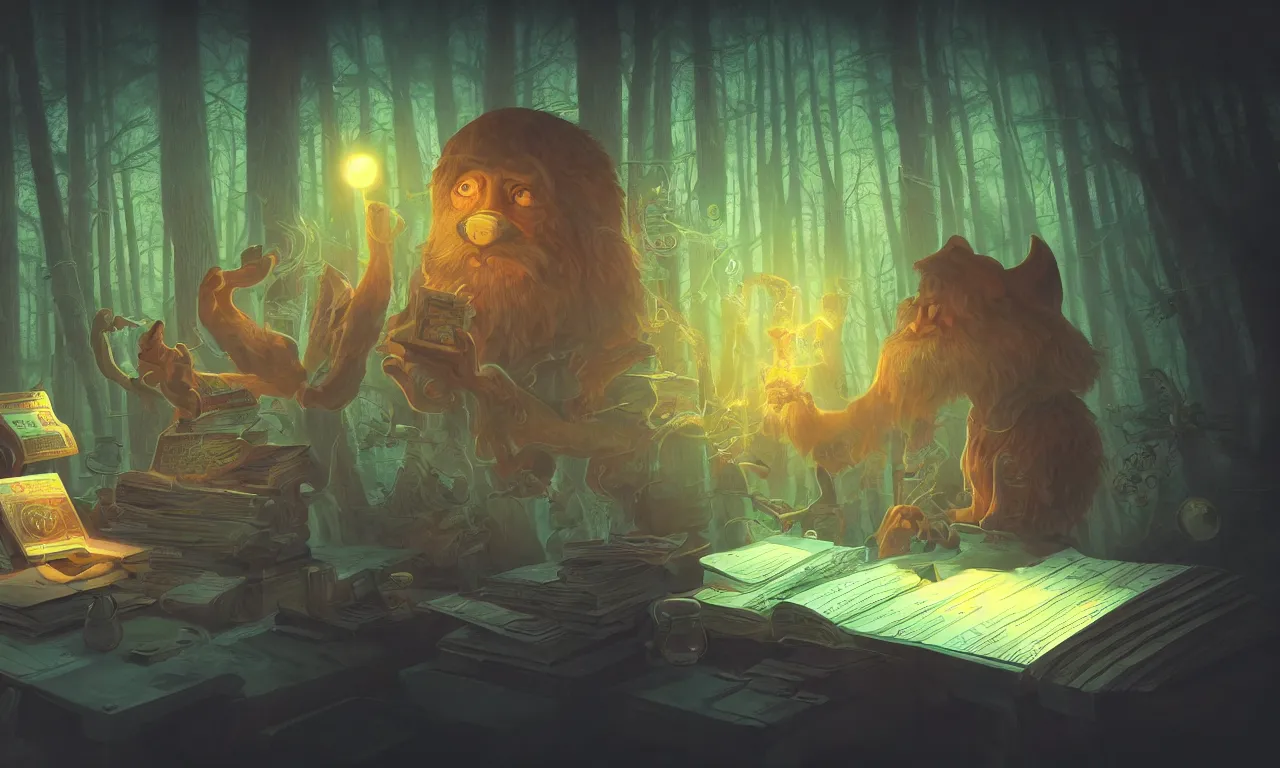 Image similar to workstations, kerberos realm, faked ticket close up, wizard reading a directory, nordic forest colors, 3 d art, digital illustration, perfect lighting