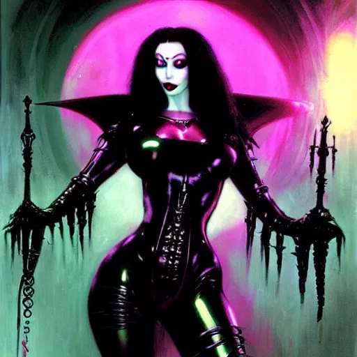 Prompt: a sexy cybergoth Doom Slayer Morticia Addams, dystopian mood, vibrant colors, sci-fi character portrait by gaston bussiere, craig mullins, Simon Bisley, curvy