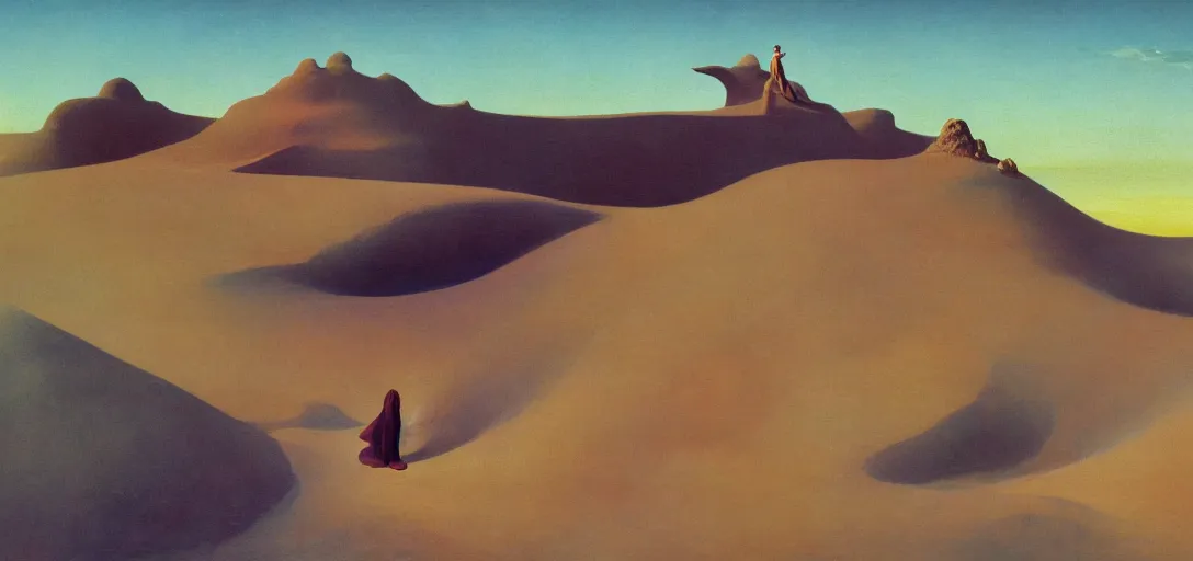 Image similar to a golden salt flat surrounded by dunes with a ruined statue of a woman emerging from the blue sand, illustrated, epic composistion,, edward hopper and zdzislaw beksinski, volumetric lighting, surreal flat colors, concept art