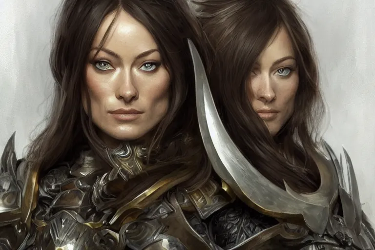 Image similar to a finely detailed portrait of Olivia Wilde, clothed in battle armor, olive skin, long dark hair, beautiful bone structure, symmetrical facial features, intricate, elegant, digital painting, trending on Artstation, concept art, smooth, sharp focus, illustration, from World of Warcraft, by Ruan Jia and Mandy Jurgens and Artgerm and william-adolphe bouguerea, award winning