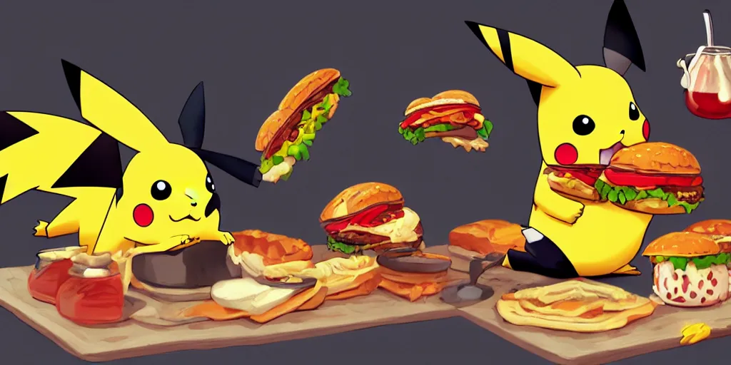 Prompt: Pikachu eating a hamburger, digital art, highly detailed, trending on artstation, 4k uhd, epic composition