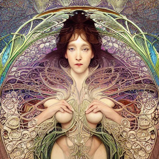 Prompt: quiet daytime, incredibly detailed photographic masterpiece, extreme closeup view through giant elaborate art nouveau fractal designed by mucha and william morris, a man swimming in crystal waters, wave ripples, vivid caustics sunrise, reflections beautiful mastery of depth clarity symmetry, symmetrical, peter mohrbacher roger dean fenghua zhong ghibli ruan jia, happy bright natural colours