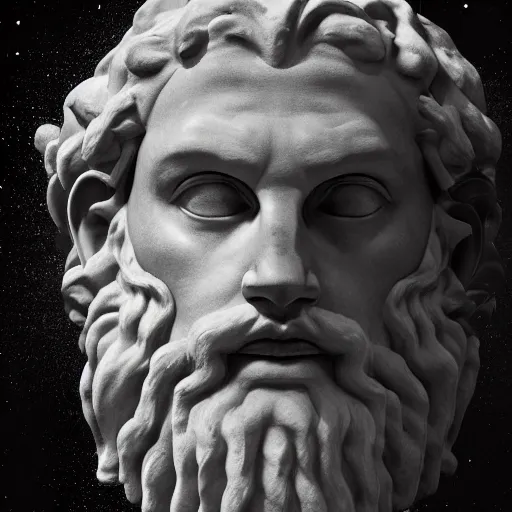 Prompt: The head of the god Zeus makes a big bang , hyperrealism, no blur, 4k resolution, ultra detailed,