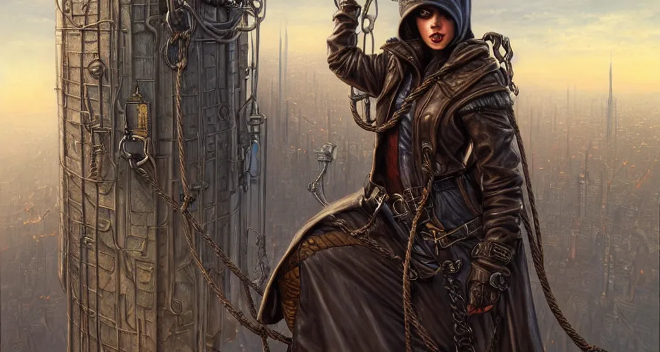 Prompt: landscape painting of a hooded thief in leathers using a rope to climb a tall metal steampunk buildings with a fantasy city, fine details, magali villeneuve, artgerm, rutkowski