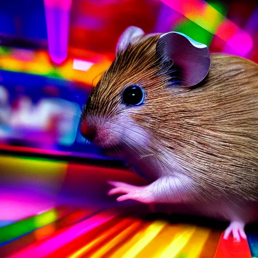 Prompt: rainbow hamster in the style of cyberpunk, 8 k, hd, light reflection