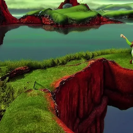 Image similar to BEAUTIFUL LANDSCAPE WITH LAKES MADE OUT OF BLOOD, REALISM, HELL, 8K, SHREK CONSUMES BONES, 100K, UNREALESED SHREK MOVIE, 8K