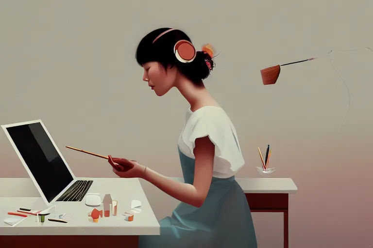 Image similar to beautiful illustration of a female artist painting an artwork on a computer screen by Hsiao-Ron Cheng, trending on art station